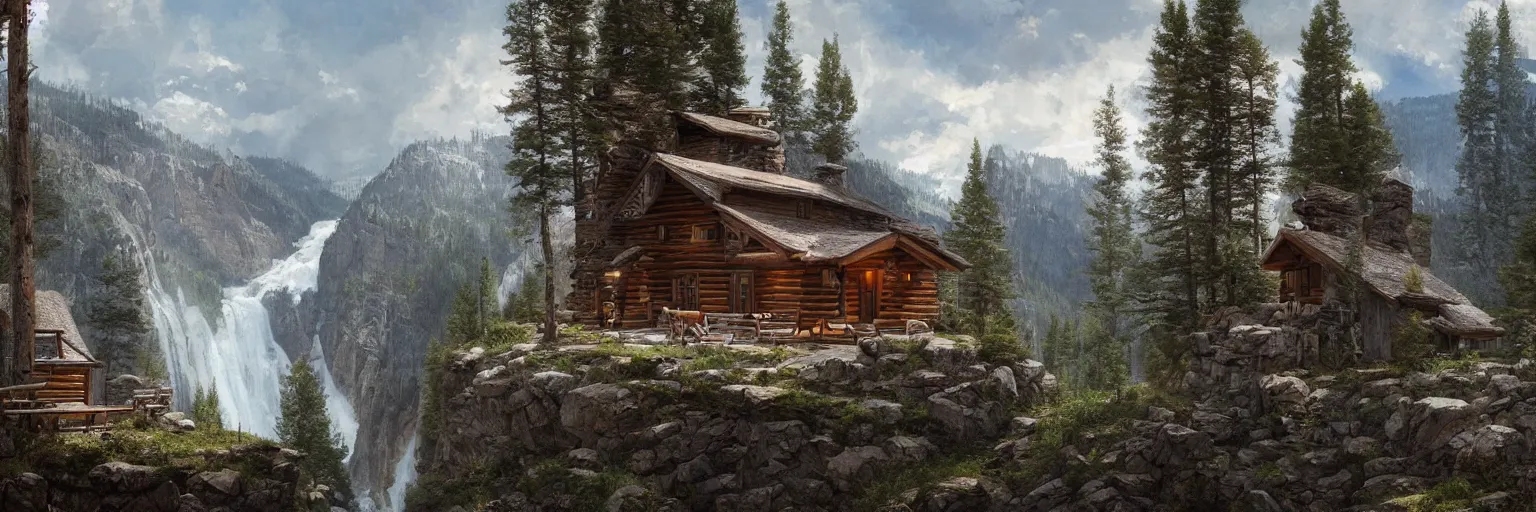 Prompt: a cozy cabin on the side of a mountain in yellowstone, 8k, james gurney, greg rutkowski, john howe, artstation