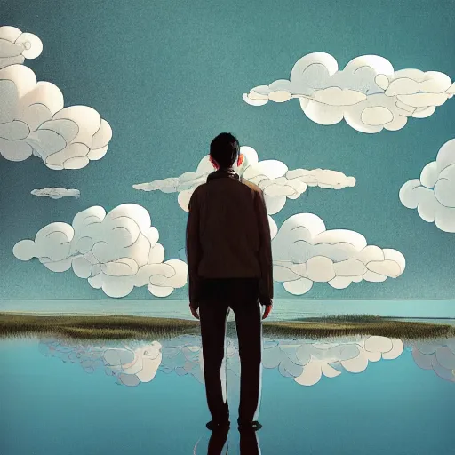 Image similar to a man walking on clouds away from the camera above a lake by takashi murakami, beeple and james jean, aya takano color style, 4 k, super detailed, modern, 4 k, symmetrical