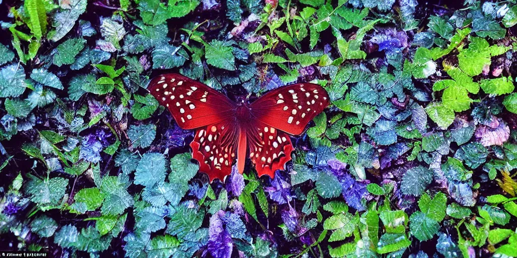 Prompt: butterfly colonies over beautiful green and blue ferns, droplets of water on the leaves sparkling in the sun, moist skin, wet bodies intertwined between the leaves, butterflies sitting on her shoulders