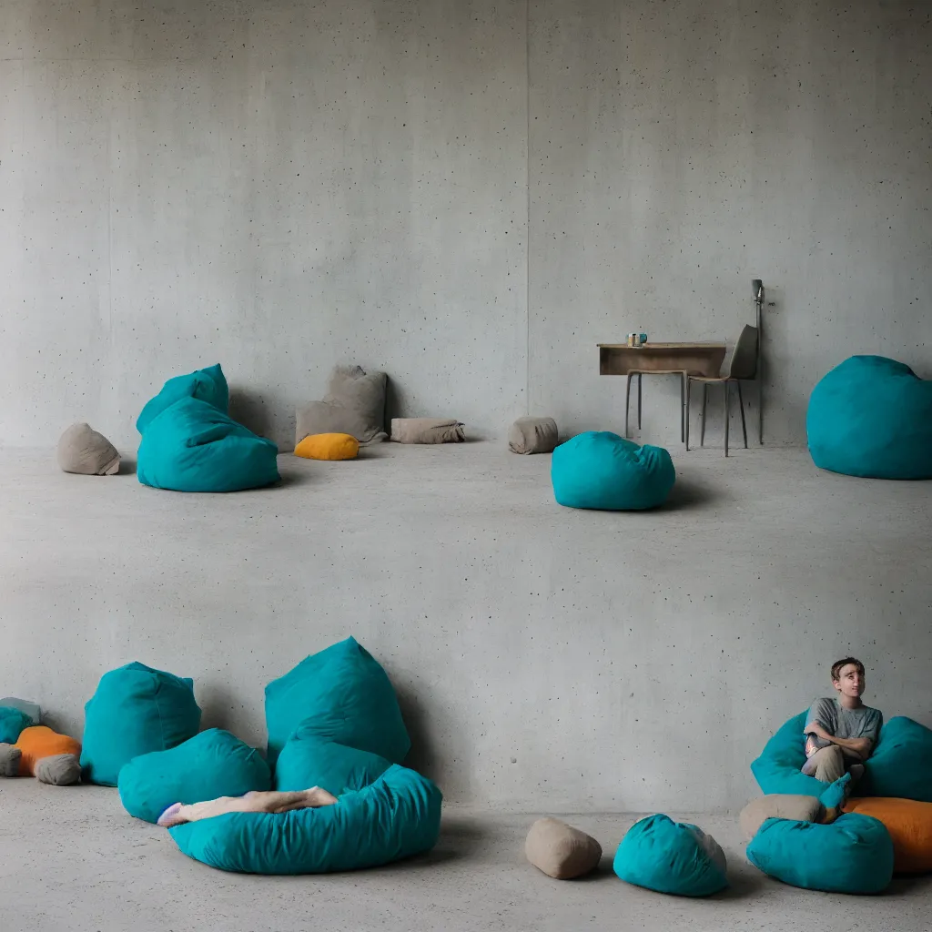 Image similar to kodak portra 4 0 0, 8 k, shot of a highly detailed, britt marling style, colour still - life portrait of a large minimalistic room, rough concrete walls, a single rough carved wooden teal, cannabis store with comfortable beanbags, muted colours