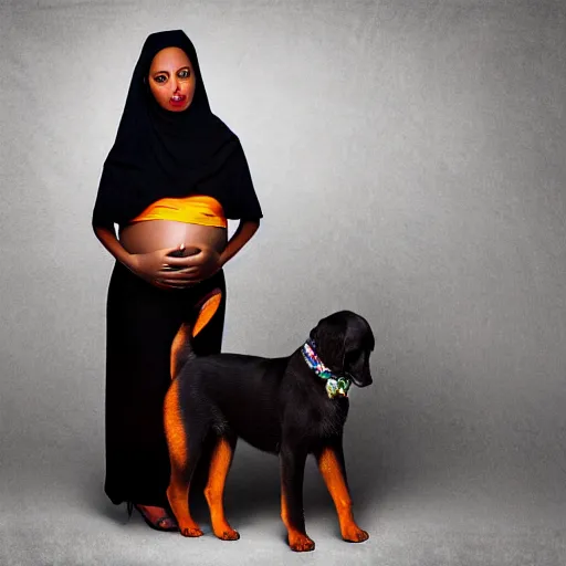 Image similar to a 3 0 year old somali woman, pregnant, next to a black puppy, full body, ultra detailed fantasy, bright, colorful, realistic