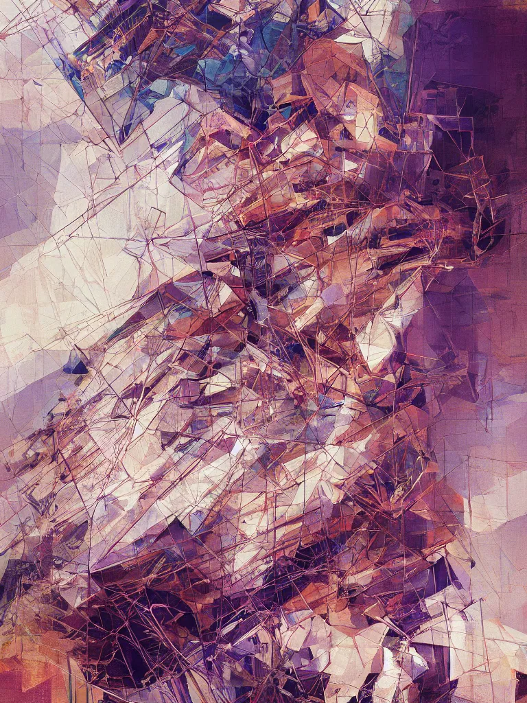 Image similar to a beautiful glitched geometric painting by robert proch and emilio pettoruti of an anatomy structure study of the human nervous system on top of rectangle shapes, color bleeding, pixel sorting, copper oxide and rust materials, brushstrokes by jeremy mann, dramatic lighting, pastel purple background