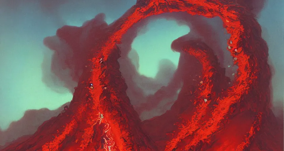 Image similar to a volcano made of ivory vines and crimson rocks enters in eruption, it spits a smoke in the shape of demonic eye, by PAUL LEHR ,