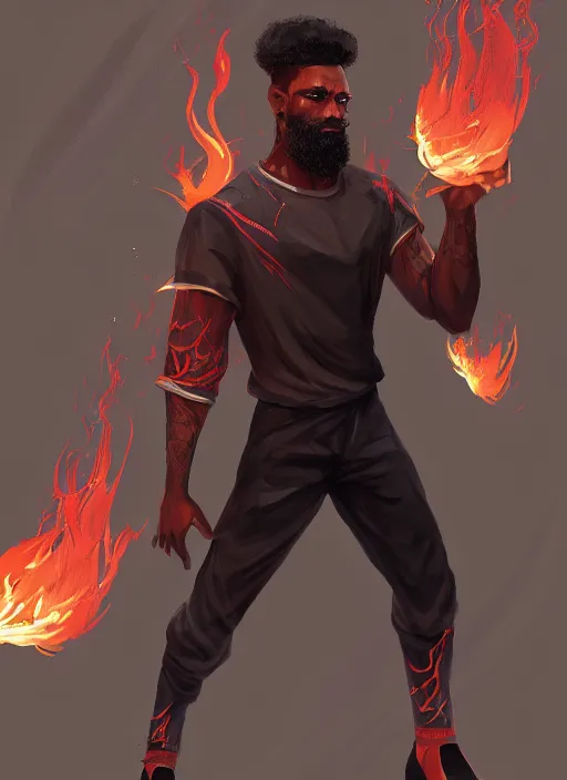 Image similar to a highly detailed illustration of black guy with tall box fade hair wearing tracksuit with flaming hands and feet, heroic flying pose, intricate, elegant, highly detailed, centered, digital painting, artstation, concept art, smooth, sharp focus, league of legends concept art, wlop