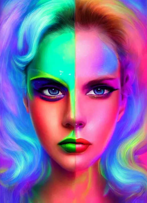 Image similar to gorgeous android portrait with neon face makeup, eightees look, smiling expression, cute nose, retro, beautiful lights, vintage look, hyper realistic, illustration, airbrush, 8 k, intricate, duo tone, art by david la chapelle and philip castle, artgerm