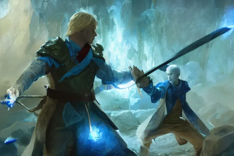 Prompt: a blonde man in a blue suit with a sword attacking a filipino fighter with a rune blade, d & d, heartstone, digital painting, volumetric light, intricate, sharp, focus, bloom, illustration, highly detailed, concept art, matte, ruan jia, randy vargas, greg rutkowski