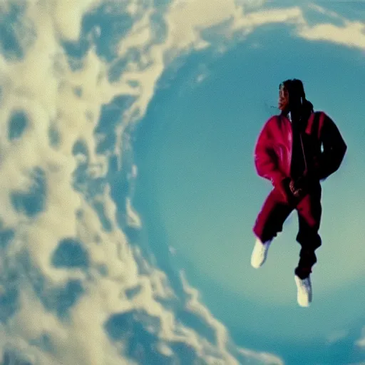 Image similar to Travis Scott floating over Earth, 4k, Aubrey Powell, vintage photo, beautiful cinematography, surreal, film grain