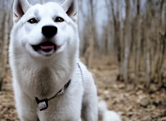 Image similar to film still of an anthropomorphic standing upright man dog white vested husky!!!!!! in a white vest wearing a white vest!!!!! in the new sci - fi movie, 8 k