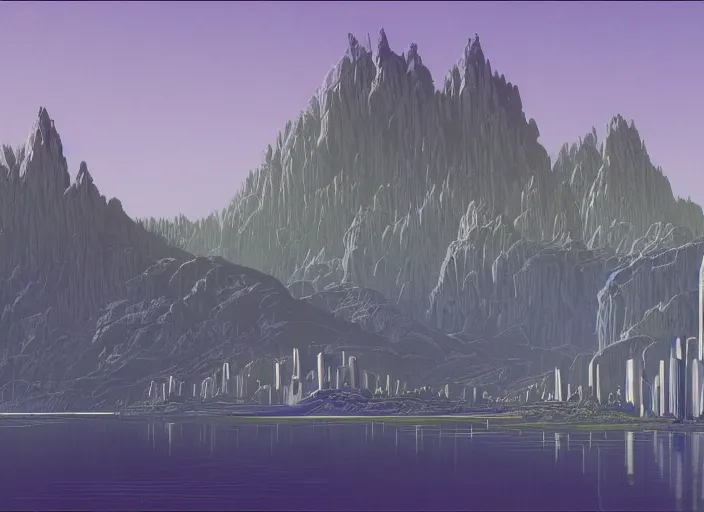 Prompt: ground view of a future city surrounded by mountains. style by peter elson and eyvind earle.