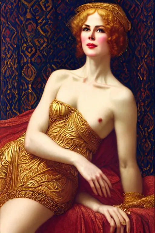 Prompt: beautiful golden portrait of a Nicole Kidman as Grande Odalisque, intricate oil painting by John William Godward by Anna Dittman by Jean-Auguste-Dominique Ingres, Neo-Gothic, Neoclassical, art nouveau, Nicole Kidman