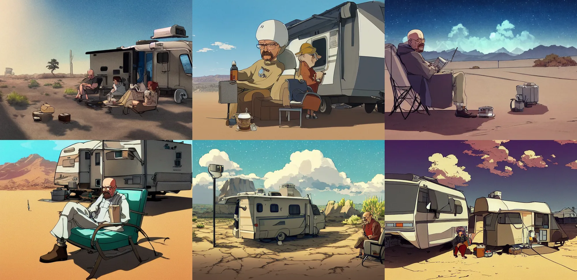 Prompt: Walter White sitting outside his RV in the desert, beautiful studio ghibli still, trending on Artstation