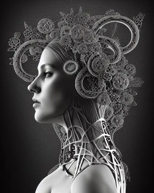 Prompt: monochrome 3 d model, profile portrait 1 8 9 0 picture, silver lace floral steampunk biomechanical beautiful young female cyborg with techno eye, volumetric light, leaves foliage and stems, hibiscus flowers, sinuous fine roots, fine foliage lace, alexander mcqueen, rim light, big gothic fashion pearl embroidered collar, octane render, dutch masters, 8 k