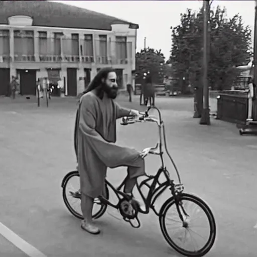 Image similar to security camera footage of jesus stealing a bike, cctv video