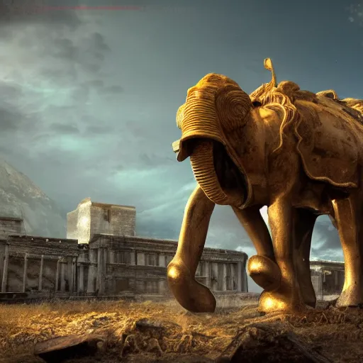 Prompt: golden mammoth in a ruined city, photorealistic, realistic, dramatic, cinematic, photography