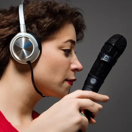 Image similar to A photograph of a bird wearing headphones and speaking into a high-end microphone in a recording studio.