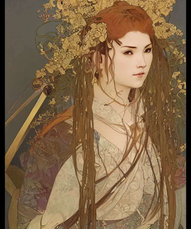 Prompt: realistic hyper detailed portrait of a samurai warrior by Alphonse Mucha and Charlie Bowater and art germ, rule of thirds, golden ratio, portrait style with the subject in the middle of the frame