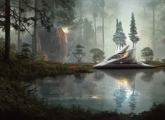 Image similar to a spaceship emerging from a lake, forest by Raoul Vitale and Greg Rutkowski