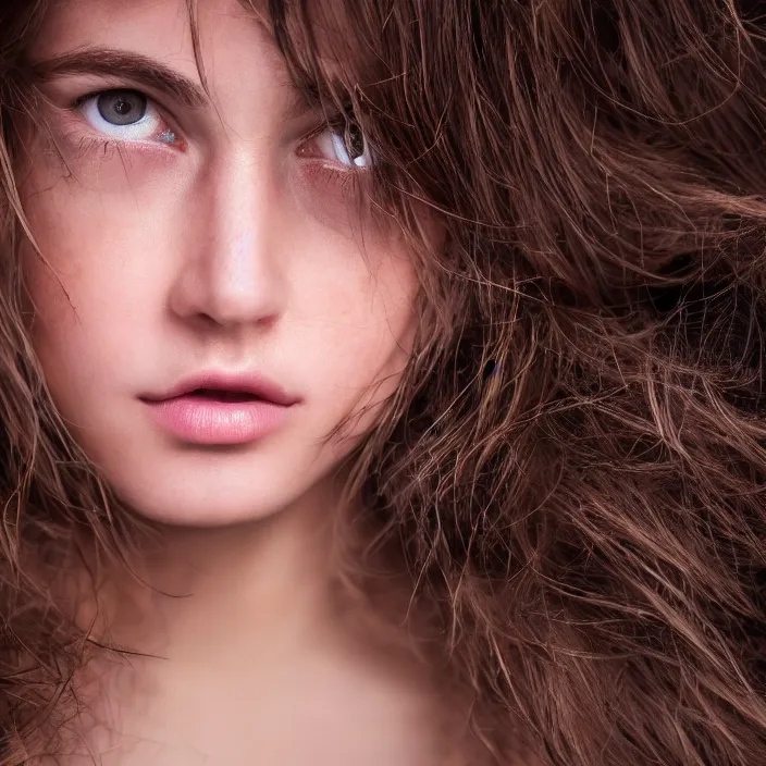 Prompt: photographic Close-up face of a extremely beautiful girl with light brown hair , high light on the left, non-illuminated backdrop, illuminated by a dramatic light, Low key lighting, light dark, High constrast, dramatic , Steve Mccurry, Craig Mulins ,dark background, high quality, photo-realistic, 8K,