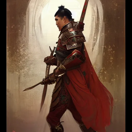 Image similar to 12th century Chinese warrior, highly detailed, digital painting, cgsociety, concept art, sharp focus, illustration, art by artgerm and greg rutkowski and alphonse mucha