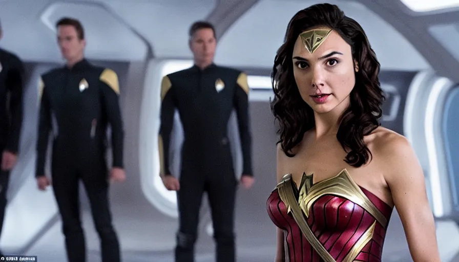 Image similar to Gal Gadot, in full starfleet uniform, is the captain of the starship Enterprise in the new Star Trek movie