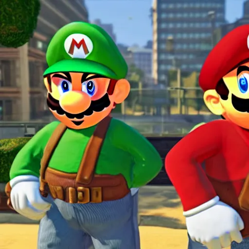 Image similar to Mario and Luigi as gangster in GTA 5 unreal engine 5 8k insane level of detail