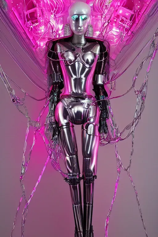 Image similar to full-body baroque and bladerunner style pink neon and chrome statue of a beautiful pale priestess robot goddess humanoid wearing a see-through silk kimono, posing like a falling model, suspended from the ceiling with wire cables, glowing peach face, street hoody of red steampunk lasers, emeralds, swirling silver silk fabric. futuristic elements. oozing glowing liquid, full-length view. space robots. human skulls. throne made of bones, intricate artwork by caravaggio. Trending on artstation, octane render, cinematic lighting from the right, hyper realism, octane render, 8k, depth of field, 3D