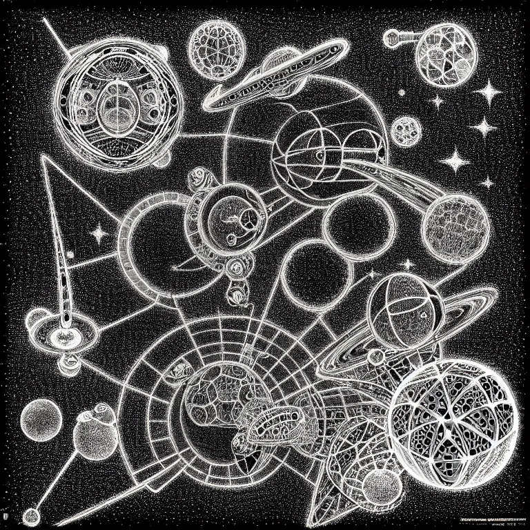 Image similar to ! dream a black and white drawing of a space station filled with equipment, a microscopic photo by ernst haeckel, zbrush central, kinetic pointillism, bioluminescence, intricate patterns, photoillustration