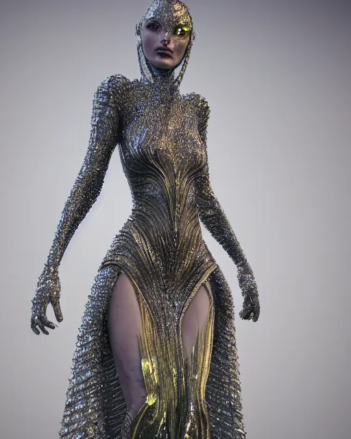 Image similar to a highly detailed metahuman 4 k close up render of an alien goddess bella hadid as alien in iris van herpen dress schiaparelli in diamonds crystals swarovski and jewelry in style of alphonse mucha gustav klimt trending on artstation made in unreal engine 4