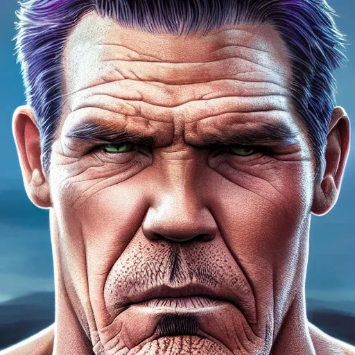 Image similar to josh brolin thanos closeup portrait, dramatic light, lake background, 2 0 0 mm focal length, painted by stanley lau, painted by greg rutkowski, painted by stanley artgerm, digital art, trending on artstation