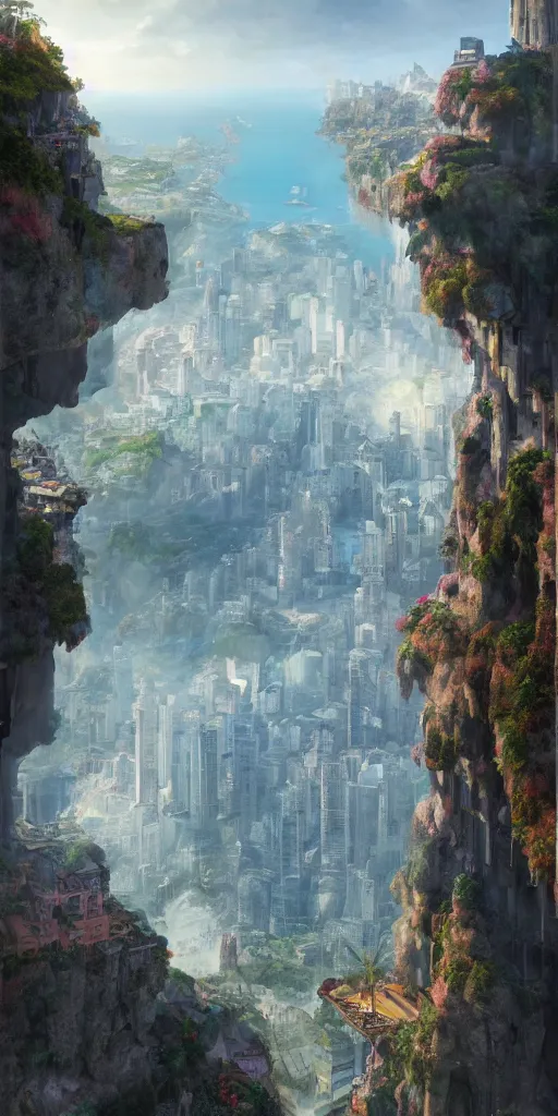 Prompt: a painting of a city built into the side of a cliff, a detailed matte painting by chris labrooy, cgsociety, fantastic realism, matte painting, terragen, artstation hq