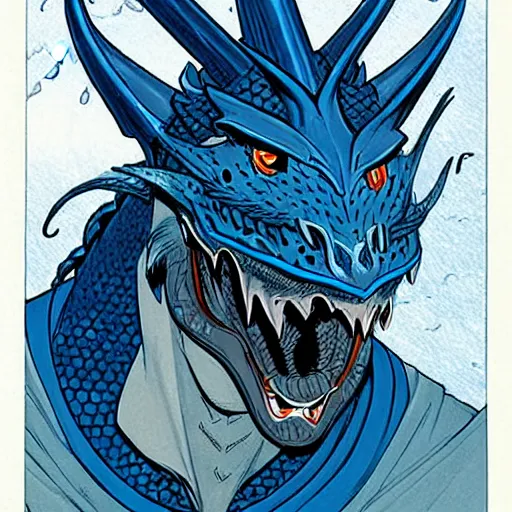 Image similar to head and shoulders porrtrait of a medieval fantasy anthropomorphic blue dragon - human hybrid with electrcity magic, fantasy, d & d, high details, art by phil noto and frank miller