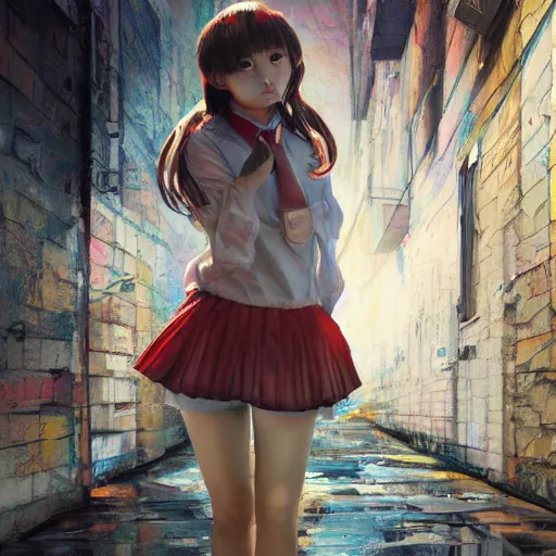 Prompt: a perfect, surrealistic professional oil painting of a Japanese schoolgirl posing in a dystopian alleyway, style of Marvel, full length, by a professional American senior artist on ArtStation, a high-quality hollywood-style concept