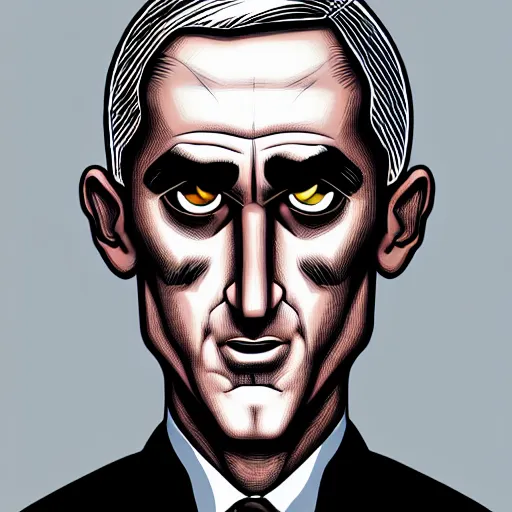 Image similar to solid glowing eyes, digital portrait of secretary of denis mcdonough face with solid glowing eyes, cover art of graphic novel, evil laugh, menacing, Machiavellian puppetmaster, villain, simple style, solid colors, clean lines, clean ink, trending on artstation