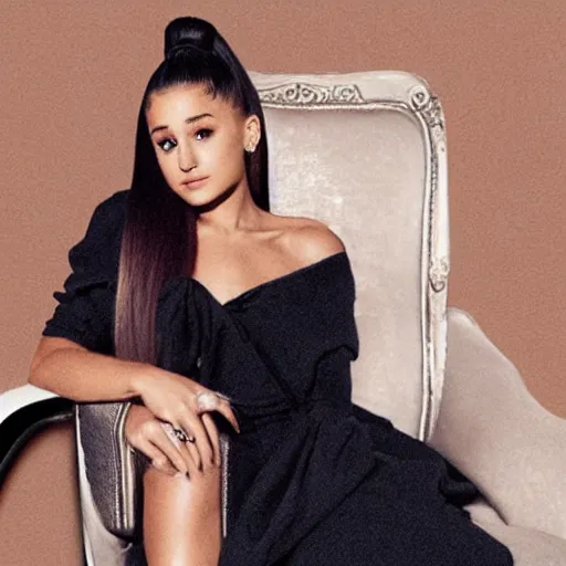 Prompt: Ariana Grande sitting in a chair and contemplating how rich she is, realistic, portrait, detailed.
