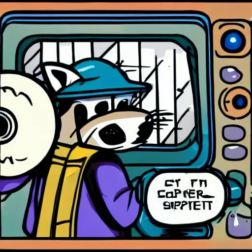 Image similar to a raccoon janitor messing with the controls on a spaceship, comic book illustration