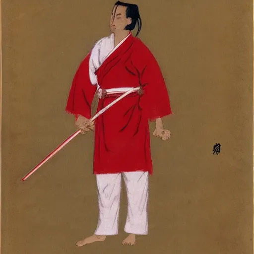 Prompt: man in red and white cloth holding a shing katana