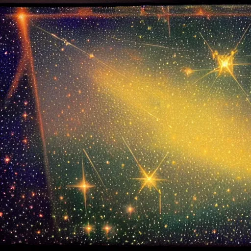 Image similar to the constellation of twinkling stars show a palace in the night sky, Michael Devine, Caspar David Friedrich, spiritual, nebula, romantic, Alex Grey