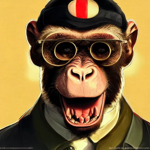 Image similar to [Monkey as president of Banana as GTA character, propaganda!, closeup, D&D, intricate, elegant, highly detailed, digital painting, artstation, concept art, matte, sharp focus, illustration, art by Artgerm and Greg Rutkowski and Alphonse Mucha and Enki Bilal]