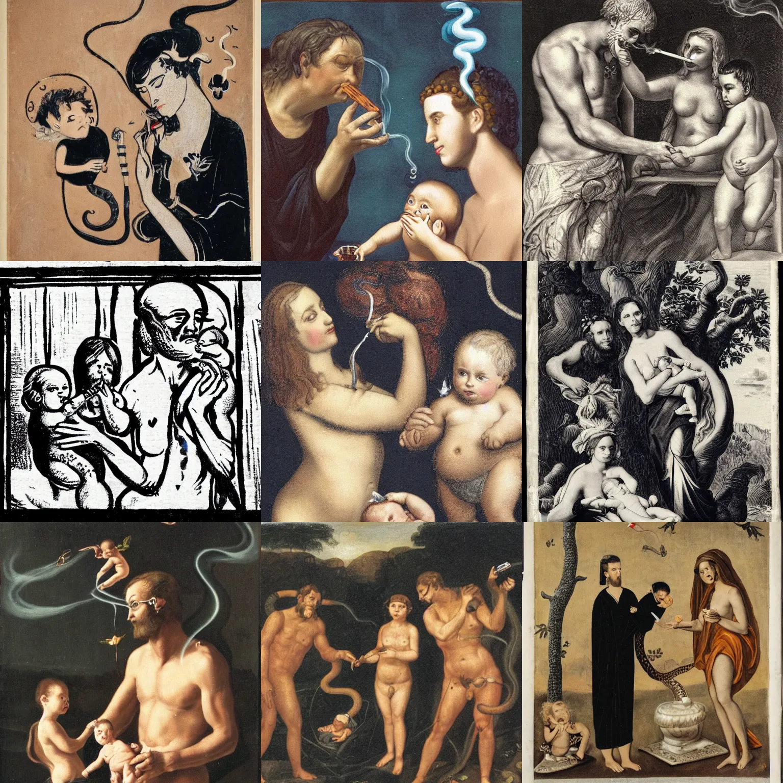 Prompt: Adam looking puzzled, Eve holding their baby, baby is black. Black snake smoking cigarette