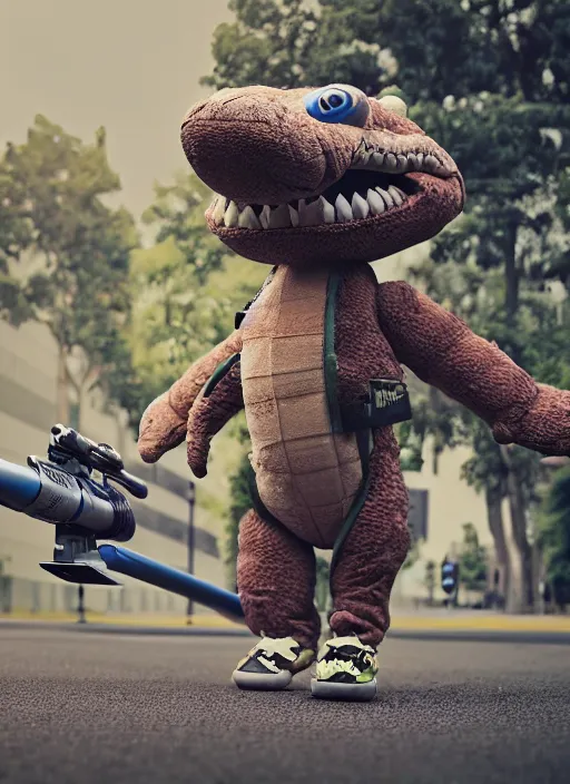 Prompt: a cute plush alligator, fluffy, cartoony, wearing nike sneakers, holding a bazooka, black backround, hyper detailed, octane render 🤣