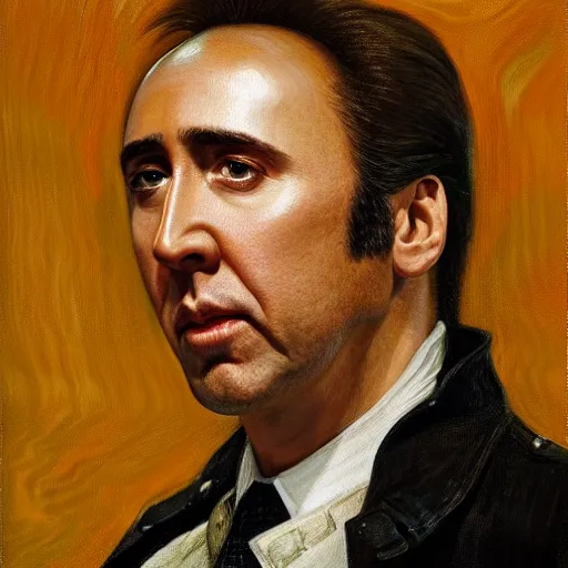 Prompt: Nicolas Cage as an Android, oil on canvas, golden hour, in the world of Andrew Wyeth, artstation, by J. C. Leyendecker and Peter Paul Rubens,