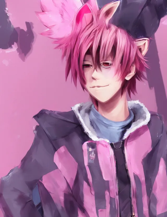 Image similar to cute anime boy with pink hair and pink wolf ears and pink wolf tail wearing stylish clothes. very detailed digital painting, trending on artstation, octane render, random artists