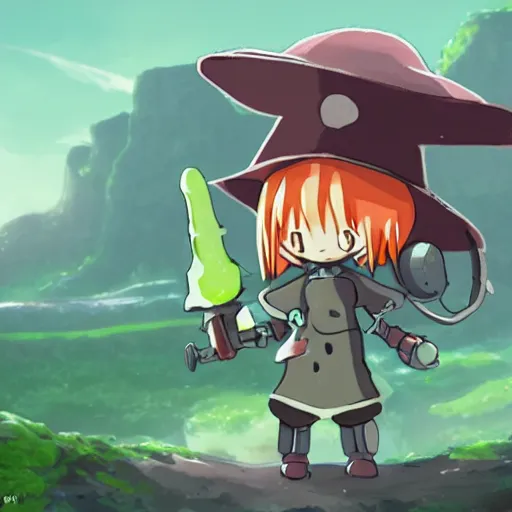 Image similar to little robot with big avocado hat and a carrot sword, made in abyss style