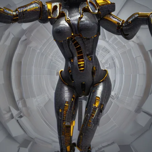 Image similar to octane render, a complex high poly cinematic 3 d model of a giant robotic android woman made out of porcelain with golden grout, jewel tone glowing eyes, fiber optic hair, inside a black rococo palace, 8 k, unreal enging, cinema 4 d, cinematic angle