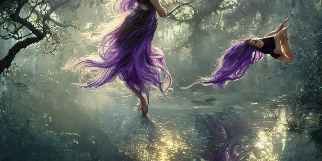 Image similar to wide angle, opalescent purple panther, metallic silver and ice color reflected crystal hair, leaping from babaob tree, fantasy, intricate, very beautiful, elegant, golden light, highly detailed, digital painting, artstation, concept art, smooth, sharp focus, unreal engine, art by wlop and tian zi and alphonse mucha