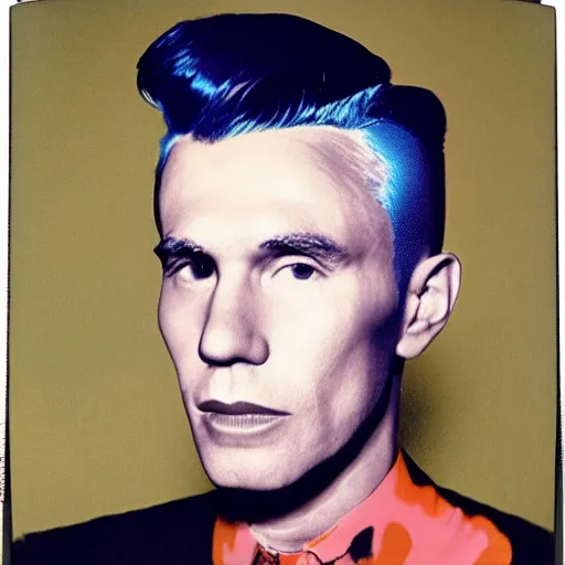 Image similar to Colorized Stylistic Portrait of Andy Warhol with shutter shades and a high top fade pompadour fade short hairstyle, taken in the 1970s, photo taken on a 1970s polaroid camera, grainy, real life, hyperrealistic, ultra realistic, realistic, highly detailed, epic, HD quality, 8k resolution, body and headshot, film still, front facing, front view, headshot and bodyshot, detailed face, very detailed face