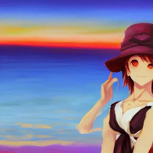 Image similar to Beautiful portrait of Kirisame Marisa at sunset on the beach, touhou project, ZUN, sold at an auction, oil on canvas, official artwork, trending on artstation, in the style of Antoine Blanchard, wide strokes