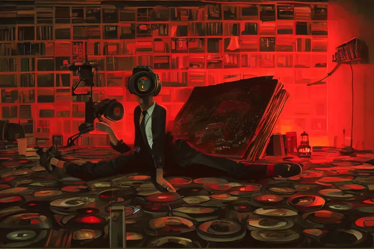 Image similar to an expressive portrait of agent 4 7 wearing headphones and laying on a floor of vinyl records, dark background, red rim light, digital art, artstation, concept art by giger stalenhag