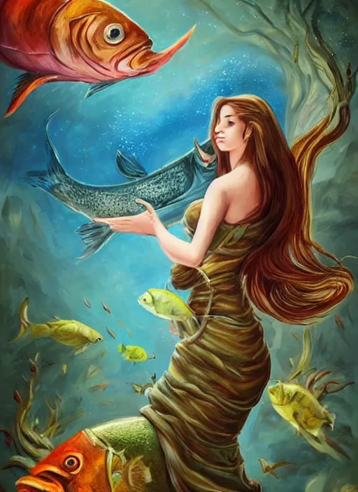 Image similar to fantasy art, animal conceptual artwork, woman with giant fish, surreal painting, illustration dream and imagination concept, mystery of nature,