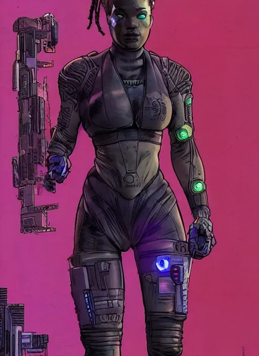Prompt: selina igwe. apex legends beautiful cyberpunk fitness babe in stealth suit. concept art by james gurney and mœbius. gorgeous face.